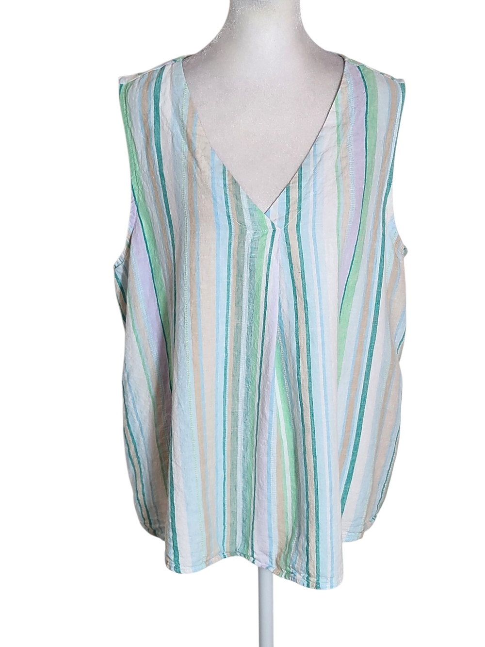 Time and Tru Pastel Green Multicolor Stripe Linen Blend Sleeveless Top Sz Large